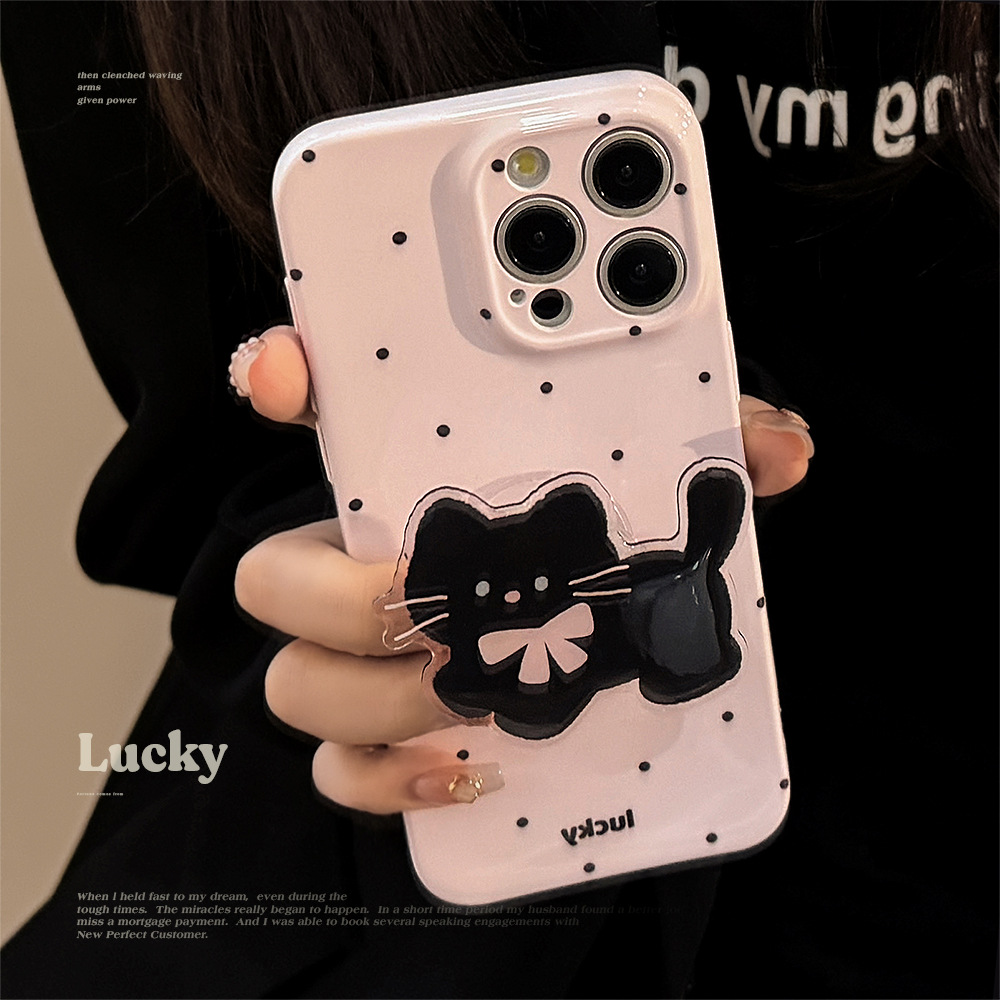 韩国ins波点猫咪支架适用iphone16手机壳苹果15pro max菲林13软壳子17新款手机保护套