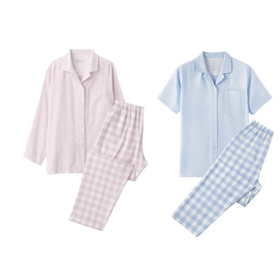 无印良品情侣款无侧缝双层纱织睡衣短袖长袖棉女春夏家居服套装
