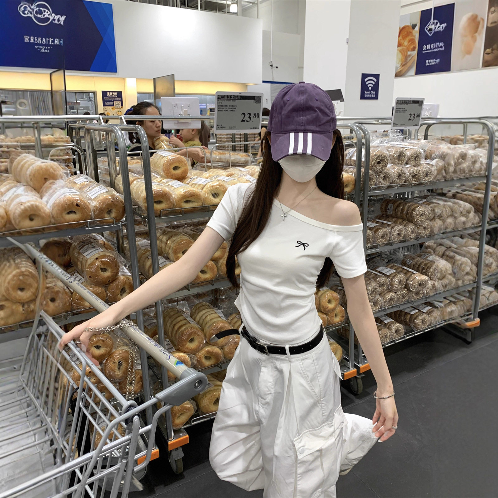 辣妹斜肩刺绣蝴蝶结设计感短袖T恤女夏季新款韩版修身百搭上衣潮