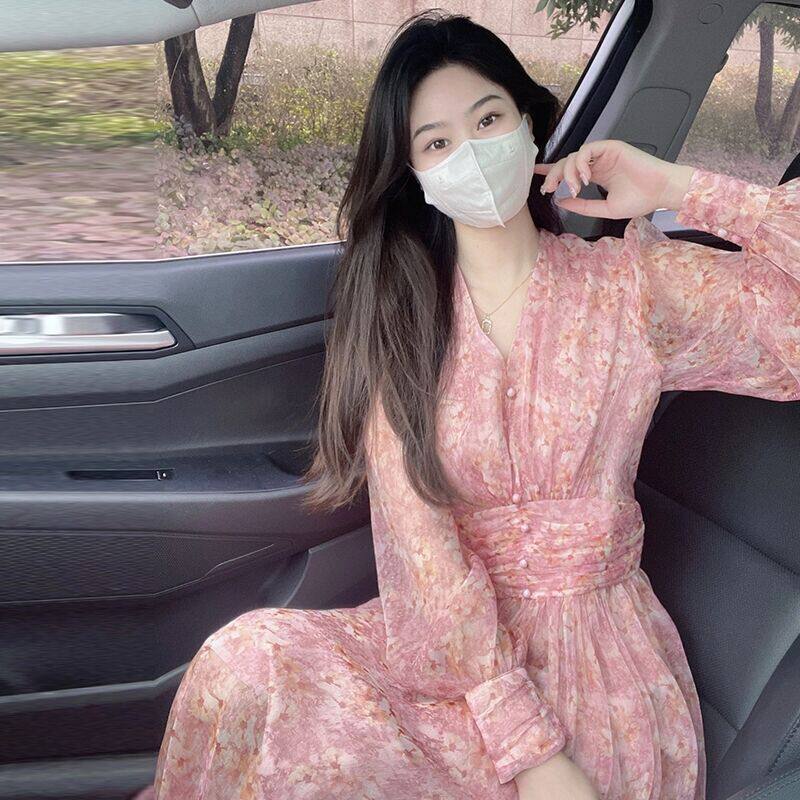 欧洲站2022秋新款法式温柔风收腰长裙气质超仙女粉色碎花连衣裙女