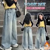 女童牛仔裤加绒加厚2025年秋冬新款中大童烫钻刺绣阔腿裤复古长裤，童装裤子，祺儿童装