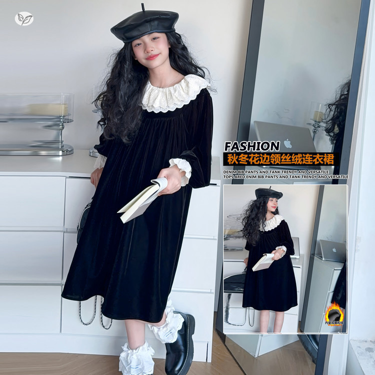 女童连衣裙秋冬2025年新款加厚丝绒公主裙中大童花边长袖裙子韩系,童装连衣裙,祺儿童装 女童连衣裙秋冬2025年新款加厚丝绒公主裙中大童花边长袖裙子韩系,童装连衣裙,祺儿童装