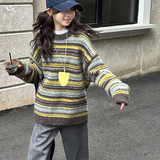 女童毛衣2025年秋冬新款条纹针织衫中大童春秋撞色打底衫加厚上衣，童装毛衣，祺儿童装