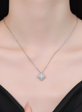 S925纯银莫桑石方糖项链1克拉 简约四叶草吊坠轻奢时尚锁骨链