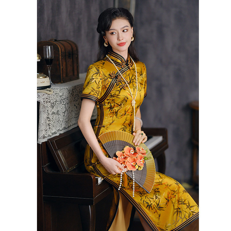 唐之恋黄色金竹级感桑蚕丝旗袍女旗袍
