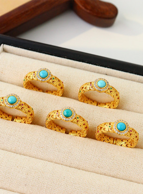 新中式复古轻奢绿松石镂空通体925银戒指女小众气质开口戒子指环