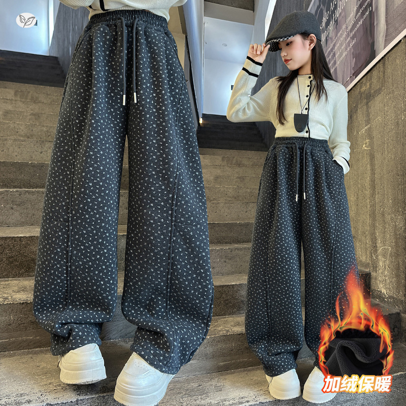 女童秋冬加绒阔腿裤2025新款中大童休闲碎花弯刀裤宽松萝卜裤长裤，童装裤子，祺儿童装