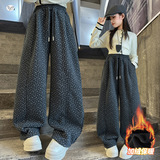 女童秋冬加绒阔腿裤2025新款中大童休闲碎花弯刀裤宽松萝卜裤长裤，童装裤子，祺儿童装