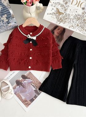 韩国童装冬装2025新款红色小香风毛衣开衫女童黑色喇叭裤新年套装