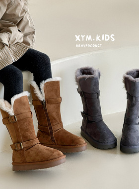 2025冬季新款儿童时尚双皮扣加绒加厚女童雪地靴仿兔毛一体大长靴