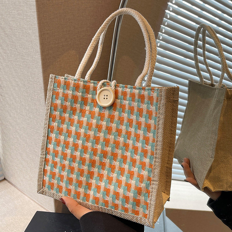 手提麻布包包女2023新款亚麻伴手礼袋黄麻编织手拎小挎包