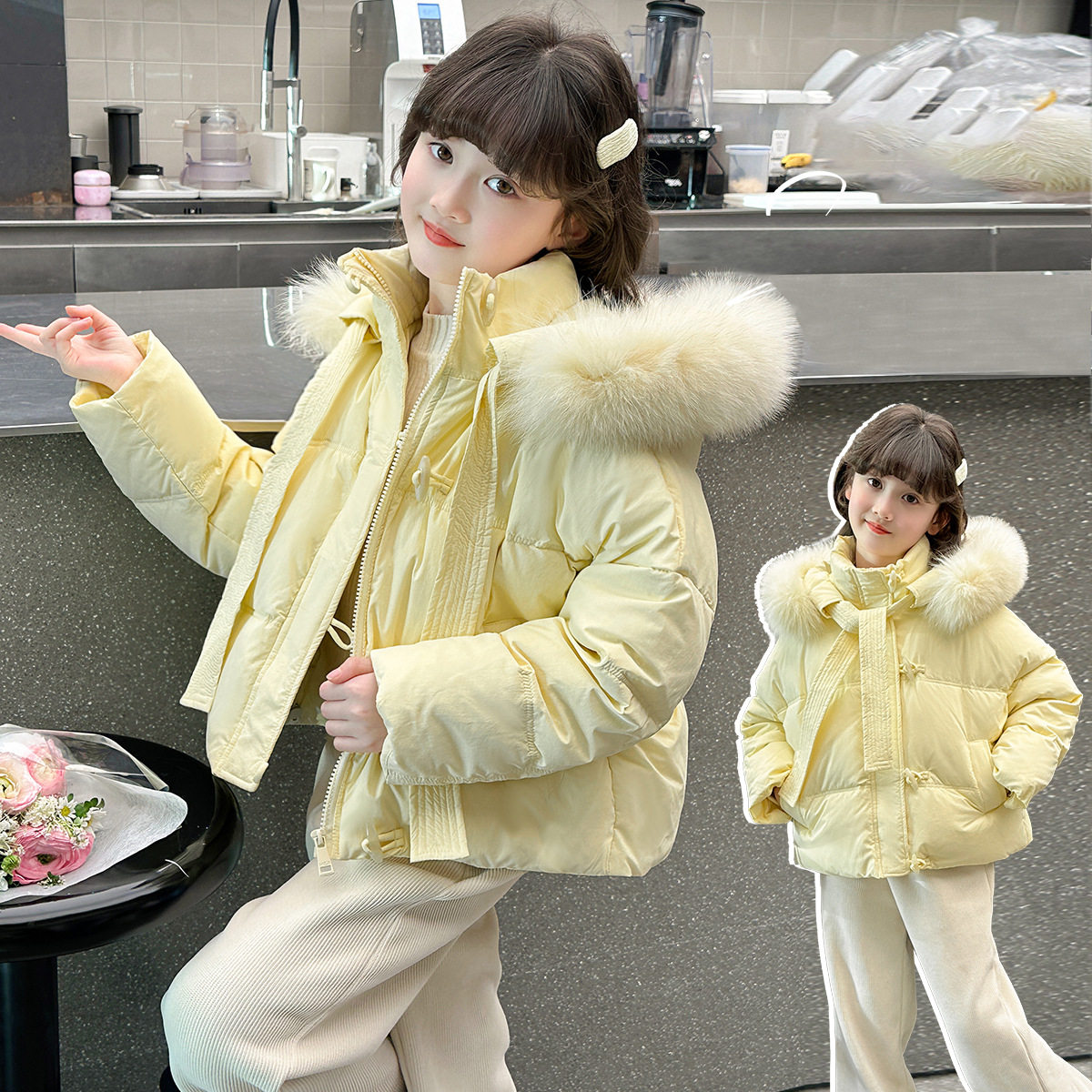女童短款棉服2025新款大毛领棉袄/棉服