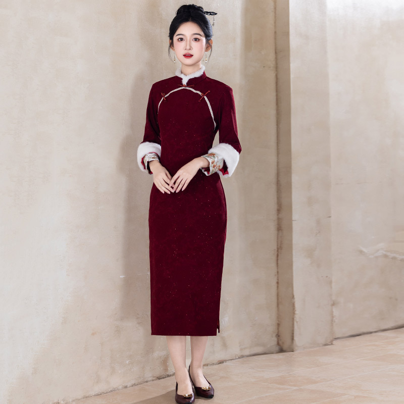红色加绒国风苏州长袖改良旗袍冬季厚款女新中式2025新款复古秋冬