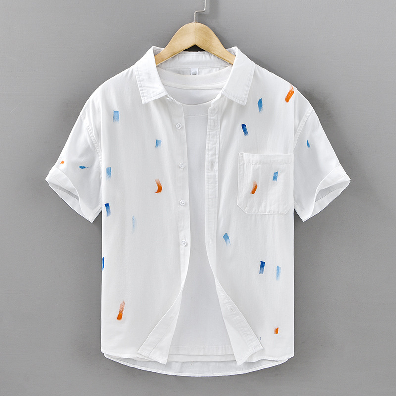 卡通印花清新短袖衬衫男士时尚百搭文艺休闲宽松纯棉上衣夏季W935