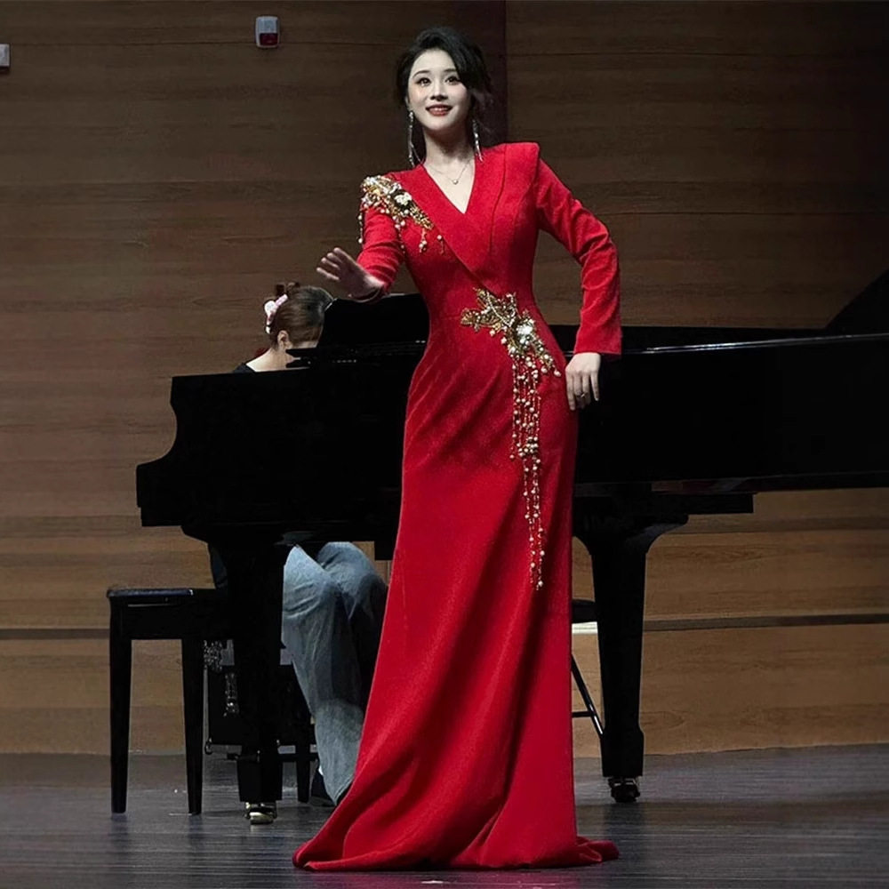 主持人晚礼服女级感钢琴演奏合唱演出服红色长袖声乐艺考连衣裙