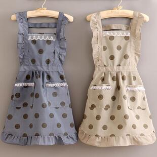 两个花边口袋共工公主圆点围裙女帆布透气春夏韩版可爱围腰围群wq
