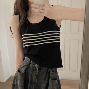 套头马甲辣妹夏季 针织上衣女条纹黑色吊带背心女内搭 圆领无袖 短款