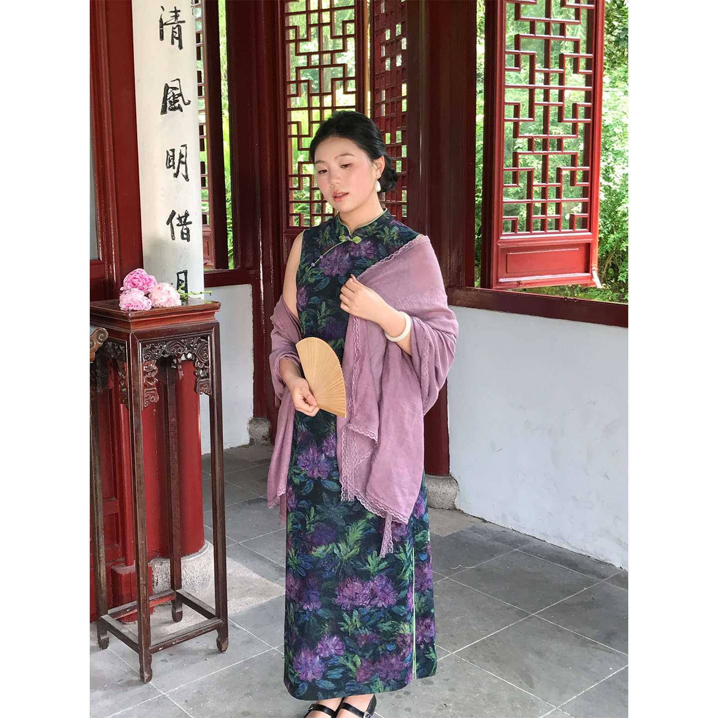 国风新中式花色短袖印花裙旗袍