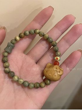 hellokitty绿檀木手串弹力松紧天然绿檀木KT猫念珠手链新中式饰品