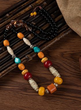 民族风复古百搭蜜蜡项链个性百搭藏式伸缩链长款挂件配饰发