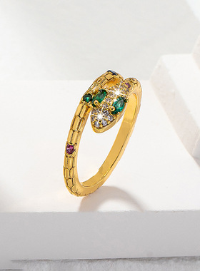 镶嵌锆石蛇形开口戒指铜镀18K金时尚复古轻奢创意休闲级感女