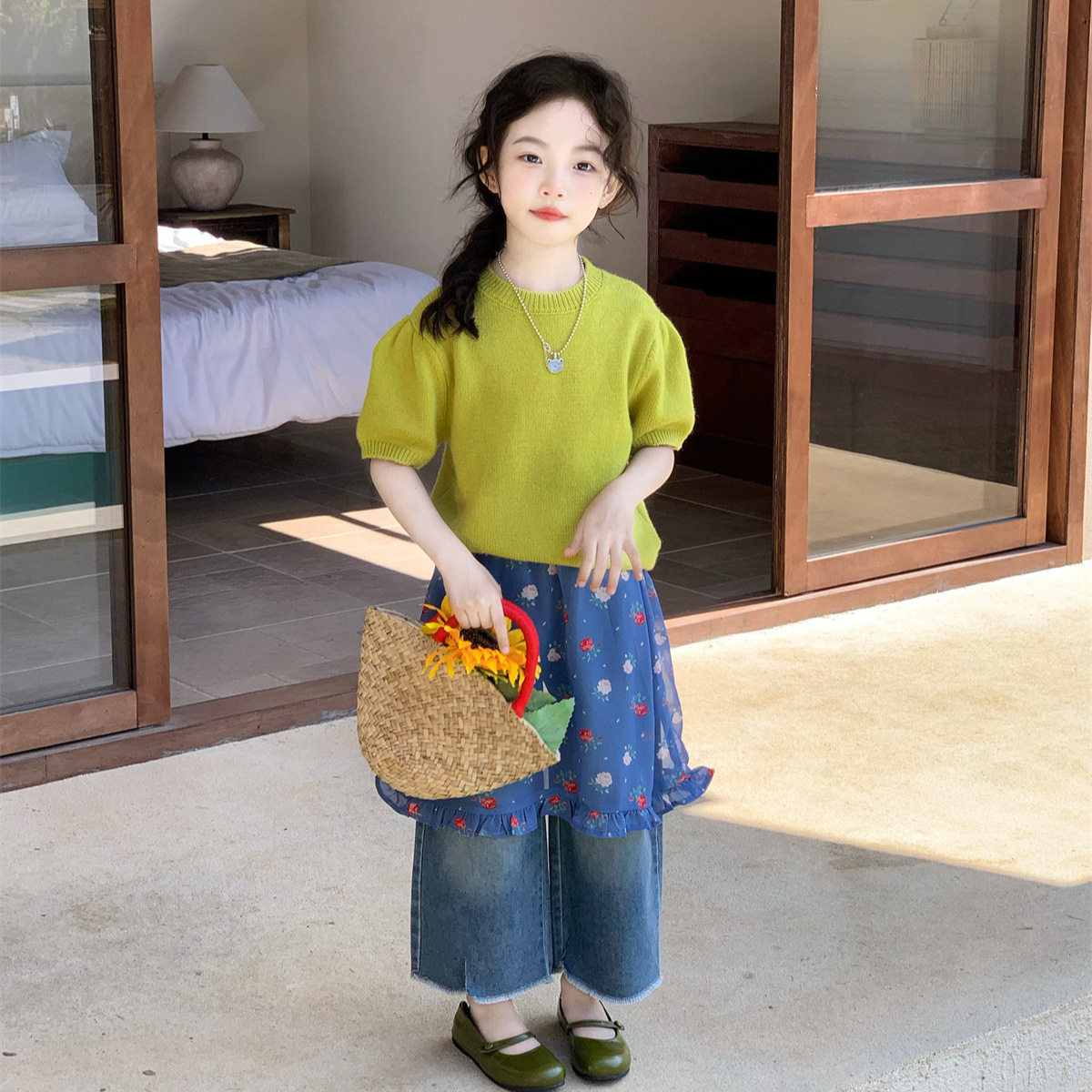 2026夏季新款女童洋气短袖针织衫碎花屁帘时髦牛仔九分裤子上衣韩