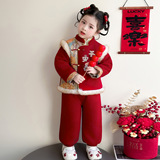 女小童加绒汉服唐装冬季风拜年服冬装儿童加厚喜庆新年装P108，童装休闲套装，祺妙童装