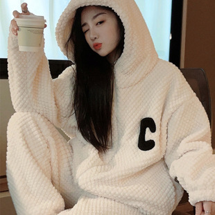 网红睡衣女秋冬款运动连帽加绒加厚休闲拉链学生可外穿家居服套装