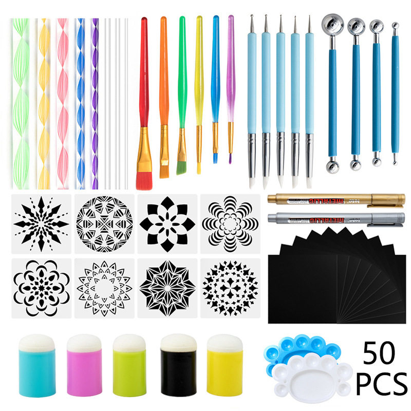 曼陀罗工具50件套装手指海绵印章绘画模板油漆笔岩石点缀棒