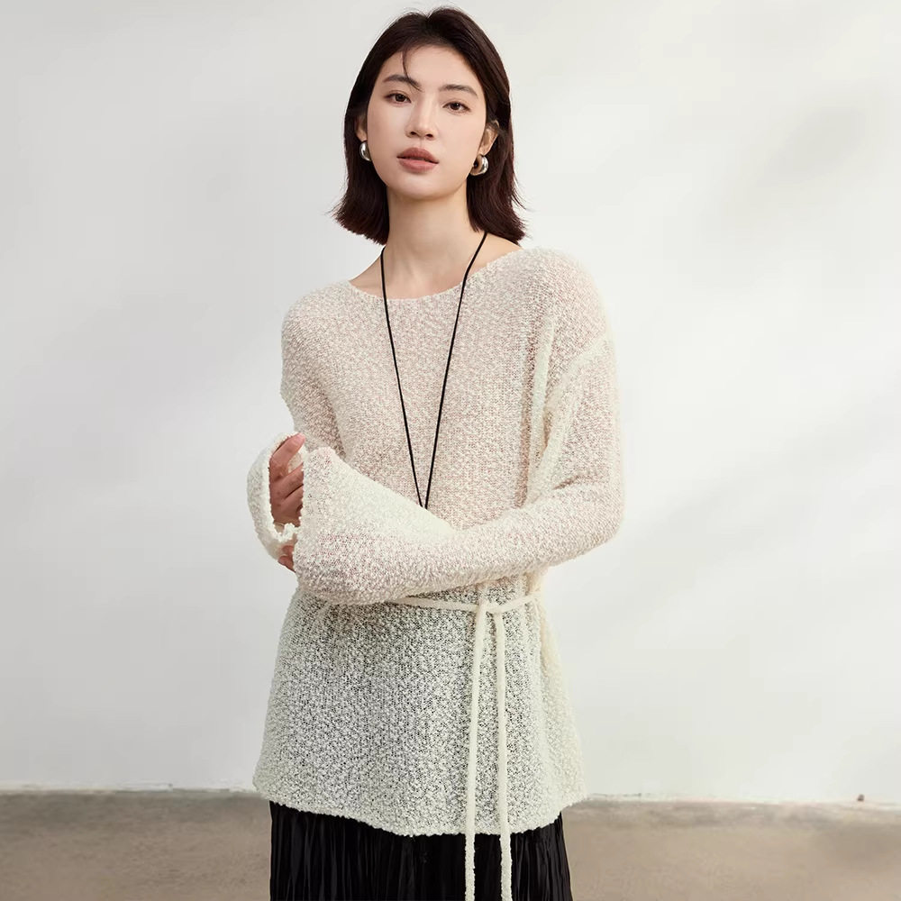 慵懒风豆豆纱一字领羊毛针织衫2026新款女装系带微透内搭春季上衣