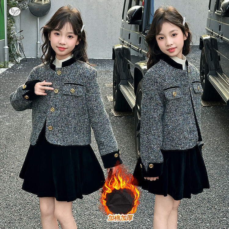 女童拼接撞色丝绒小香风外套半身裙套装秋冬装2025中大童礼服年服，童装休闲套装，祺儿童装