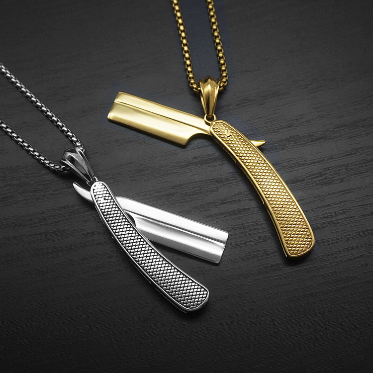 时尚创意理发师可打开剃刀项链刮胡刀钛钢吊坠朋克嘻哈帅气潮男