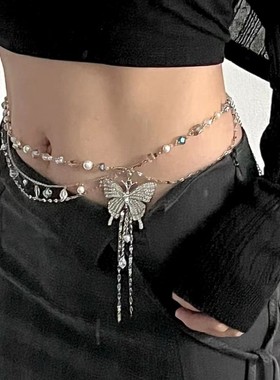 潮酷时尚水钻蝴蝶珍珠流苏多层叠戴锁骨链个性级多种戴法项链