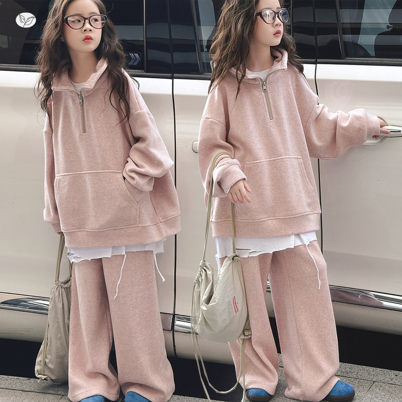 女童套装秋装2025新款大童半拉链卫衣阔腿裤休闲运动儿童洋气时髦，童装休闲套装，祺儿童装