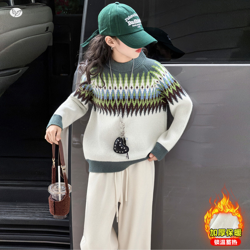 女童2025年冬季新款绿色菱形格加厚毛衣女大童软糯慵懒复古毛线衣，童装毛衣，祺儿童装