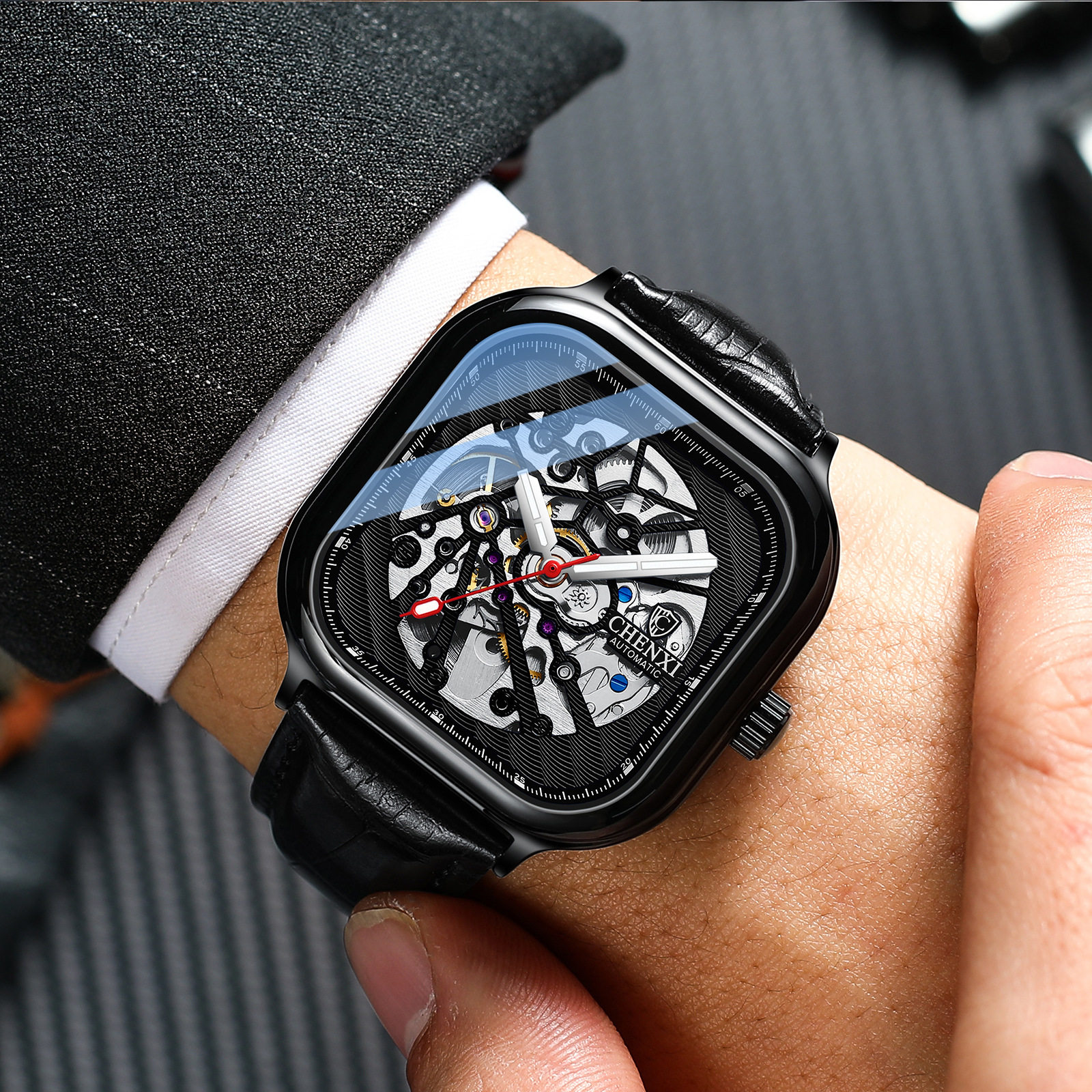 晨曦方形档机械手表全自动机械表防水夜光镂空士腕表