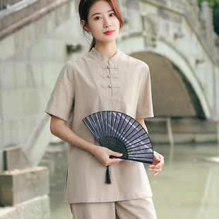 夏季短袖男女式中式棉麻瑜伽服套装禅修服茶艺服太极服居士打坐服