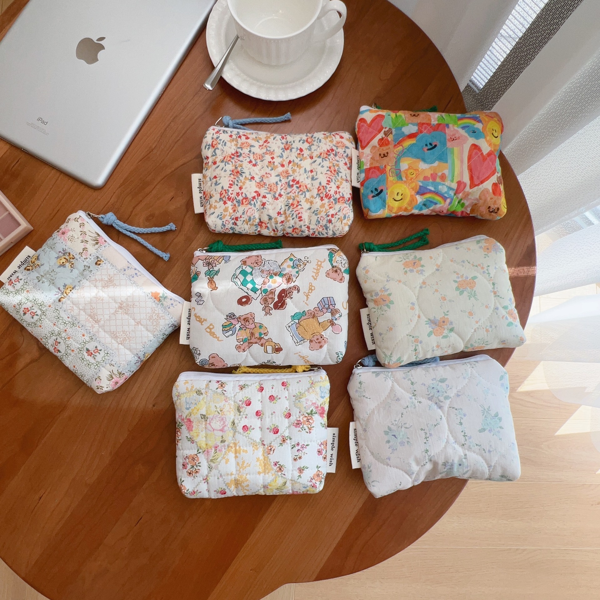 化妆收纳卡套清新碎花绗缝夹棉零钱包可爱迷你耳机收纳棉布袋卡包