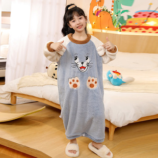 儿童连体睡衣中大童春秋夏法兰绒珊瑚绒睡袋厚款防踢被暖气房睡袍