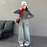 女童2025年冬季新款戴红帽小猫刺绣牛仔裤女大童小俏皮卡通阔腿裤，童装裤子，祺儿童装