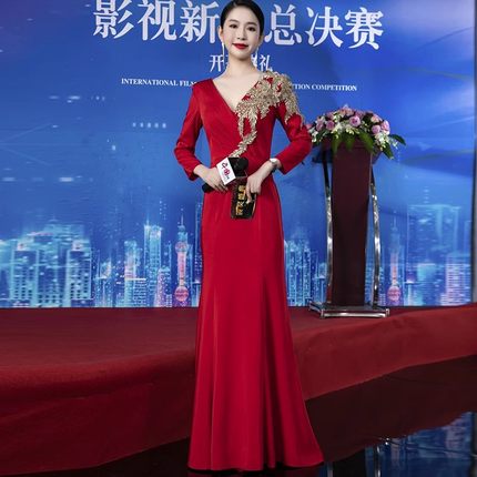 主持人年会晚礼服女结婚新娘订婚晚宴小个子生日红色大合唱演出服