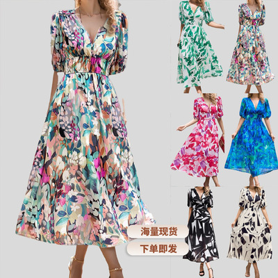 V领印花收腰连衣裙 ladies printed long dresses women's skirts