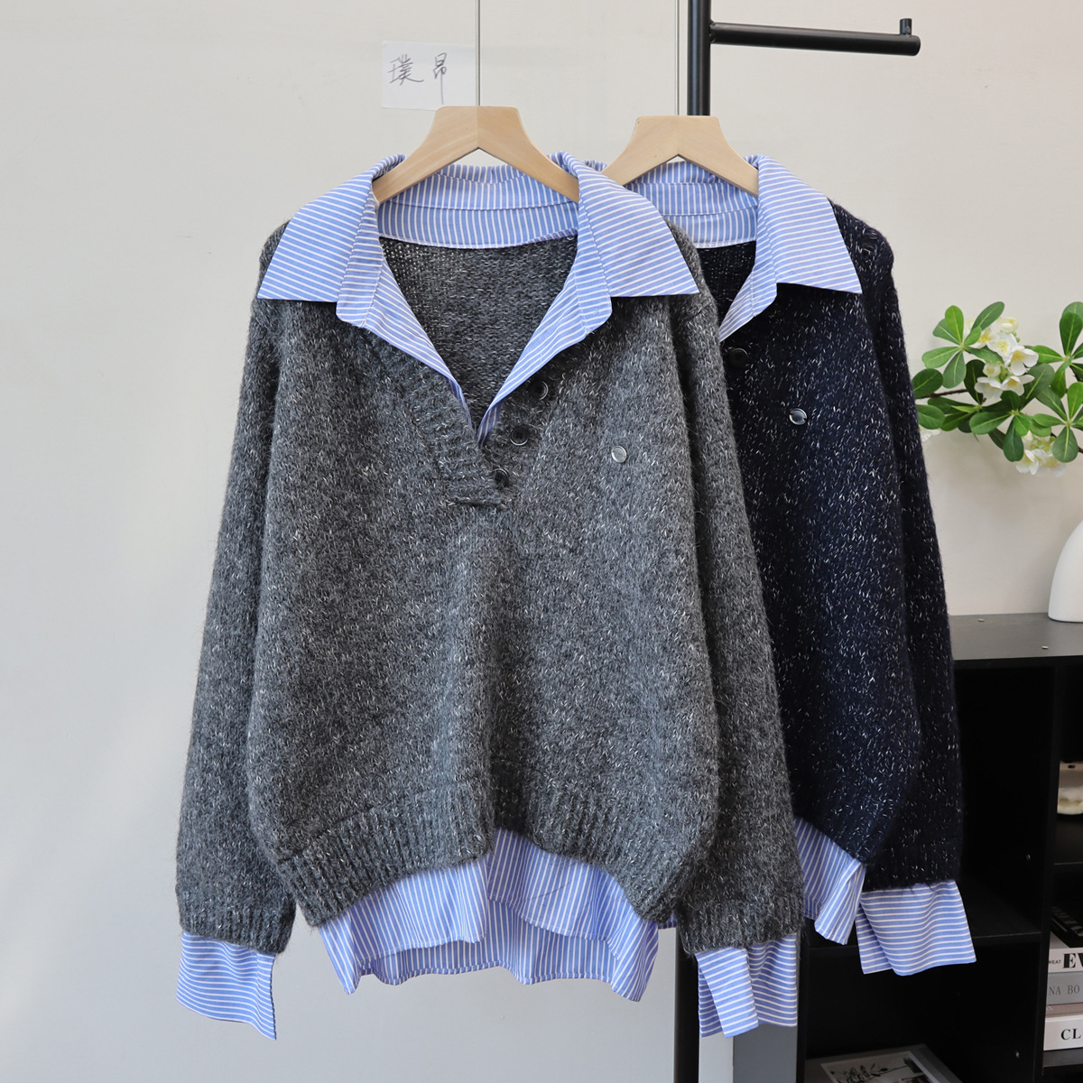 拼接衬衣假两件针织衫上衣2025秋冬新款设计感宽松显瘦毛衣套头女