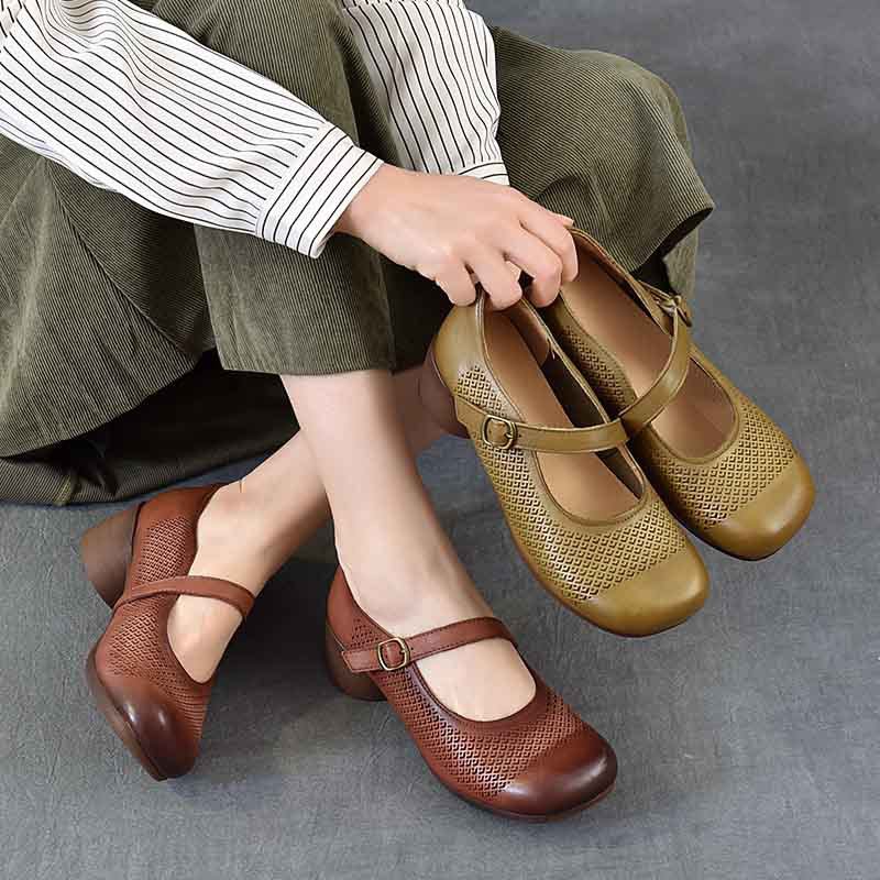 以一春夏新款头层牛皮复古中跟女鞋休闲百搭粗跟单鞋真皮女式皮鞋