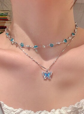 2026小清新夏日清凉双层蝴蝶项链配饰奢小众辣妹choker锁骨链颈链