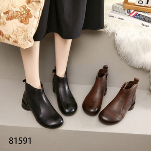 617原创真皮马丁靴女加绒25冬季新款复古头层牛皮中跟粗跟手工靴