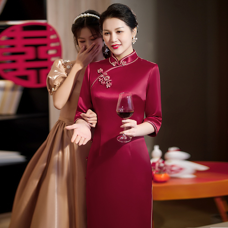 新改良春秋款醋酸长款显瘦复古婚宴喜妈妈礼服档气质遮肚旗袍裙