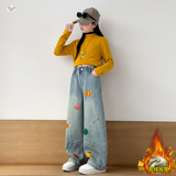 女童刺绣牛仔裤秋冬加绒2025年新款中大童拼接弯刀裤休闲阔腿长裤，童装裤子，祺儿童装