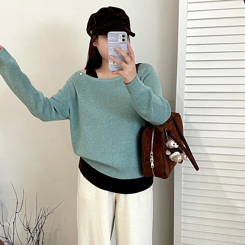 乃粒大码露肩一字领上衣内搭背心针织套装2025秋胖mm休闲两件套女