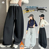 女童加绒卫裤2025年秋冬新款腰口撞色弯刀裤中大童休闲阔腿裤长裤，童装裤子，祺儿童装